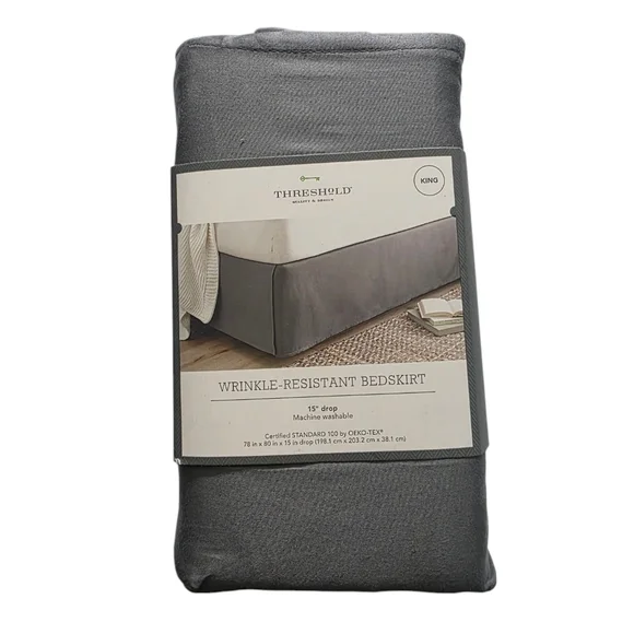 Threshold Pleated Sateen Gray Wrinkle Resistant Cotton Bed Skirt - King
